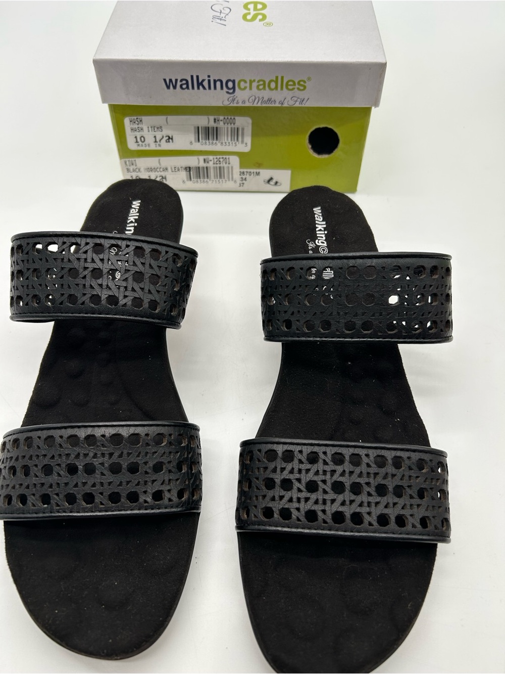 Walking Cradles Black Laser-Cut Double-Strap Slide Sandals